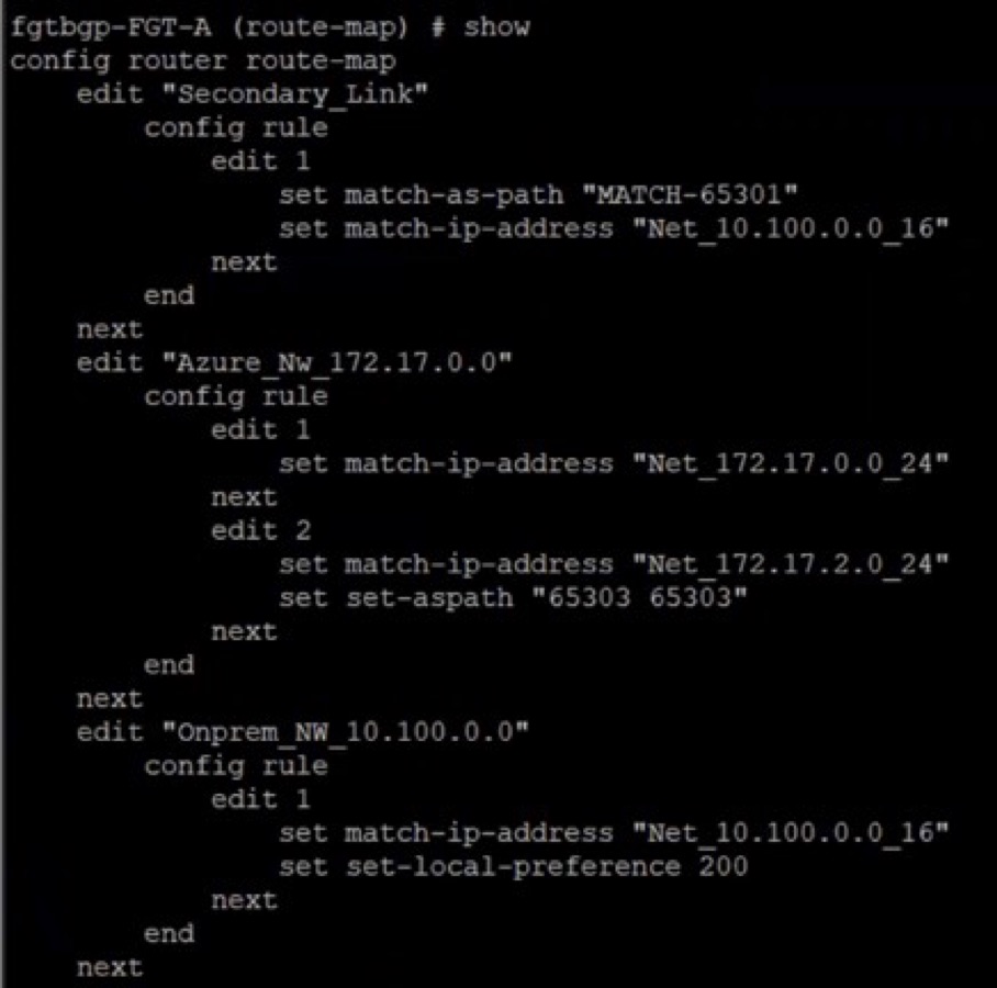 A screenshot of the code output for the route map, prefix list, and AS path configuration.