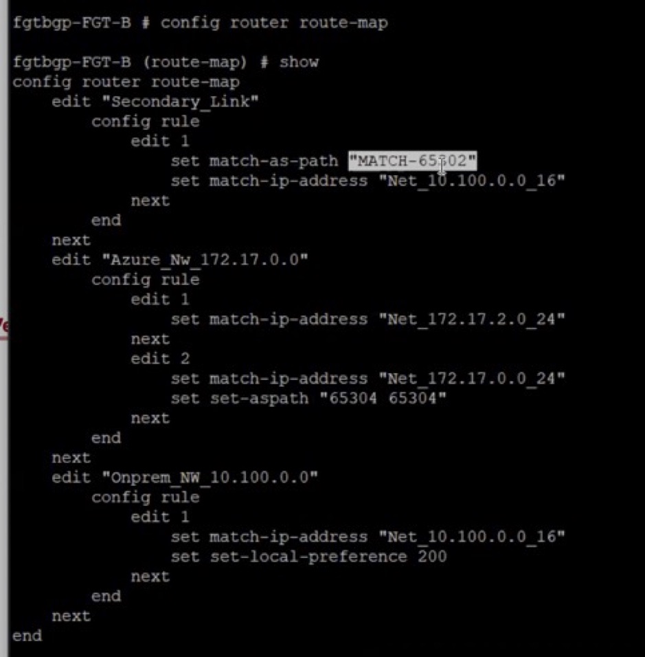 A screenshot of the code for the route map, prefix list, and AS path configuration.