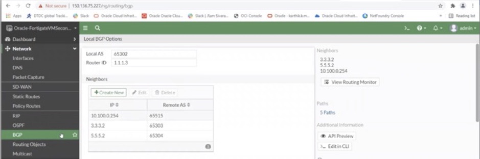 A screenshot of the BGP configuration and the AS numbers assigned to the secondary firewall.