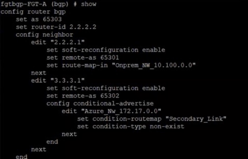 A screenshot of the code output for a BGP neighbor configuration.
