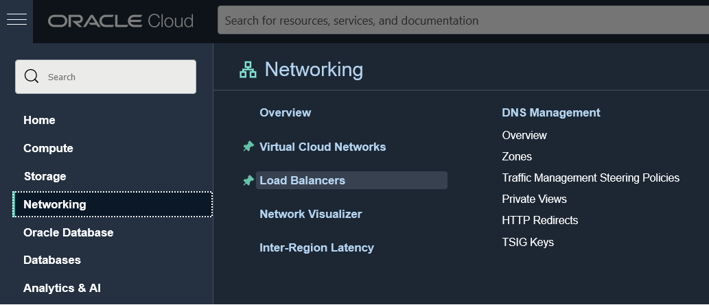 Picture of Services Menu in OCI Console