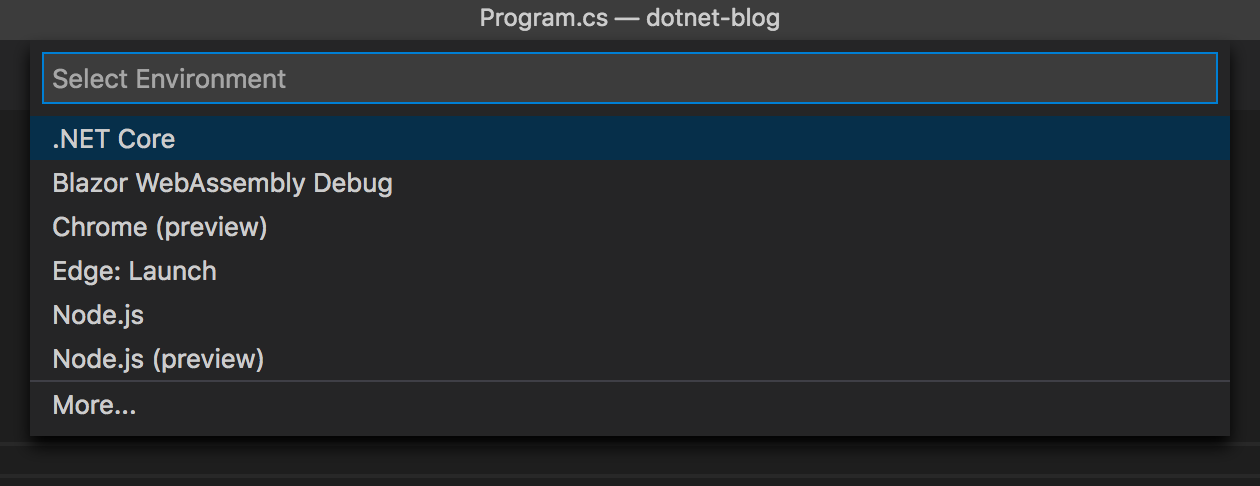 A screenshot of the options for selecting an environment where VS Codespaces creates the tasks.json and launch.json files.