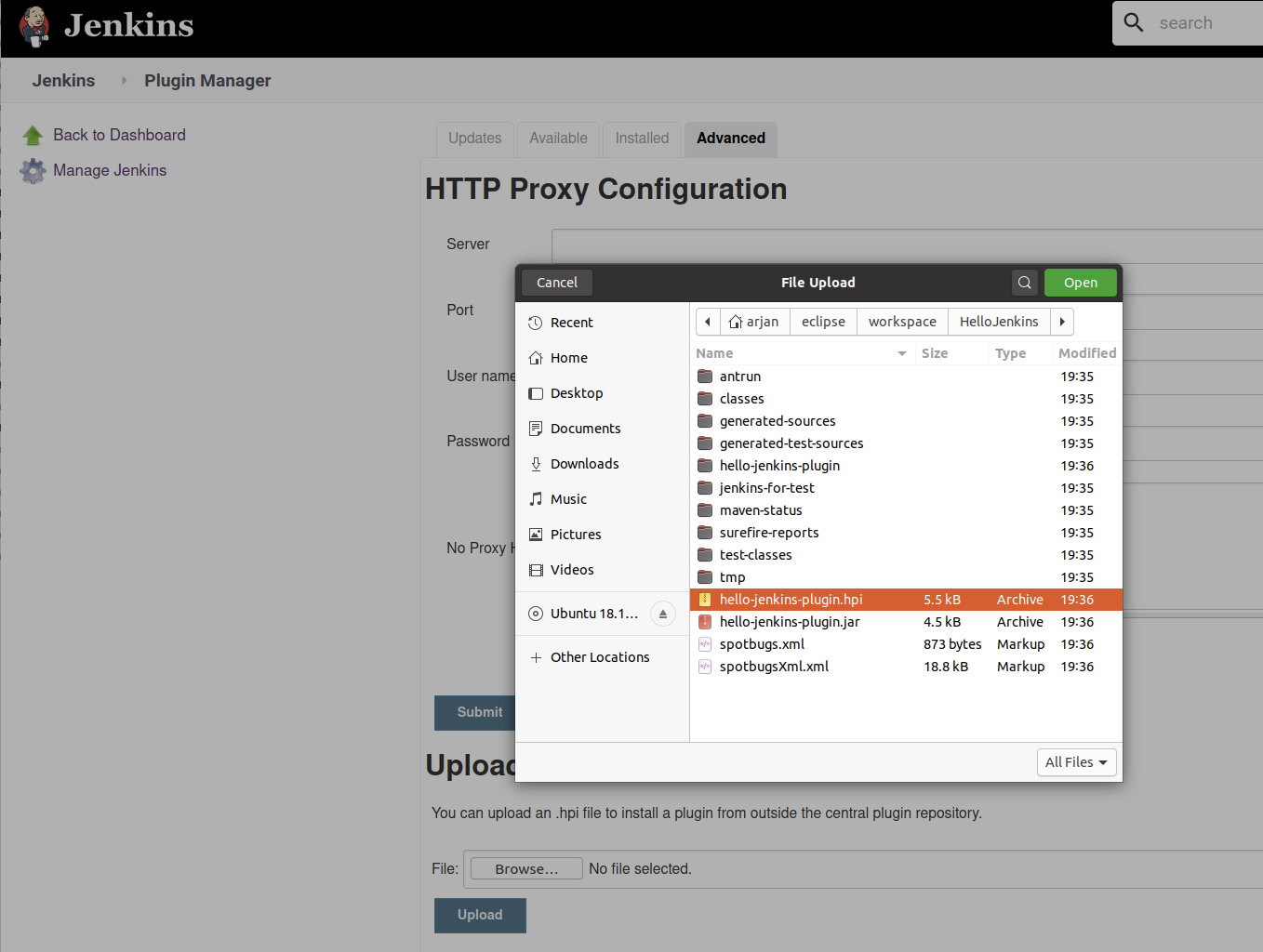 Navigating to the correct Jenkins folder to find the .hpi file