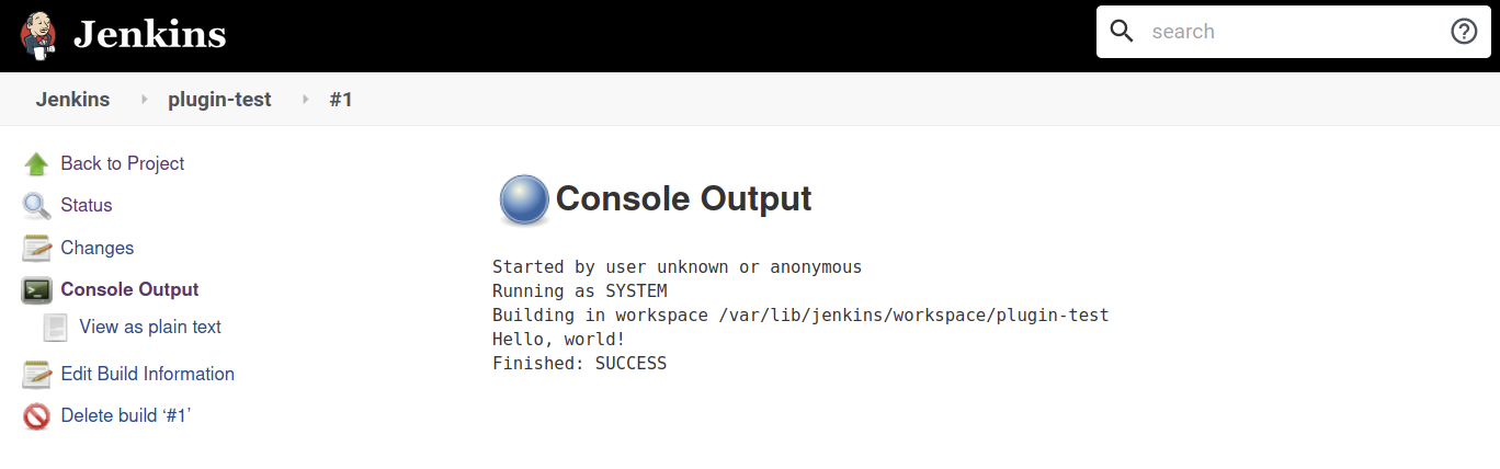 The plugin ran successfully and said “Hello, world!”
