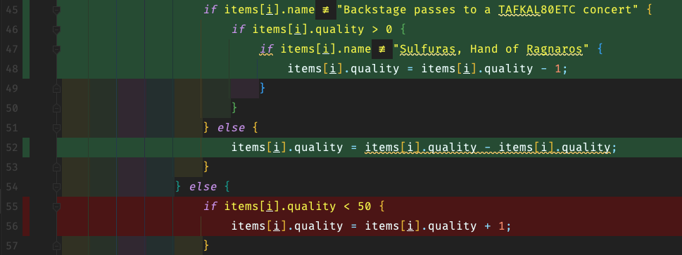 GildedRose class code coverage showing lines 55 and 56 have not been touched by the tests