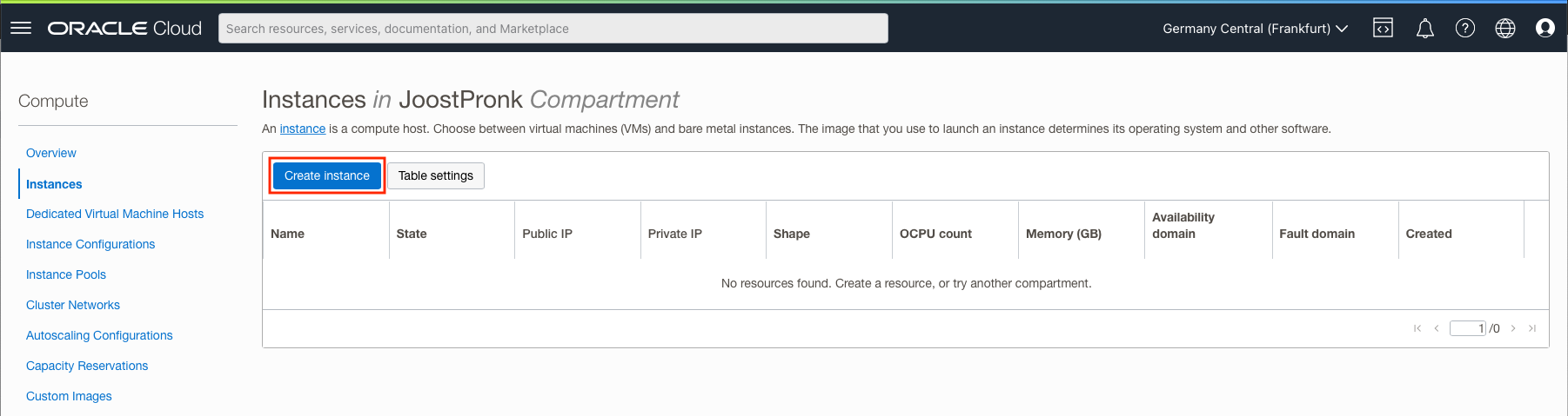 Clicking the create button