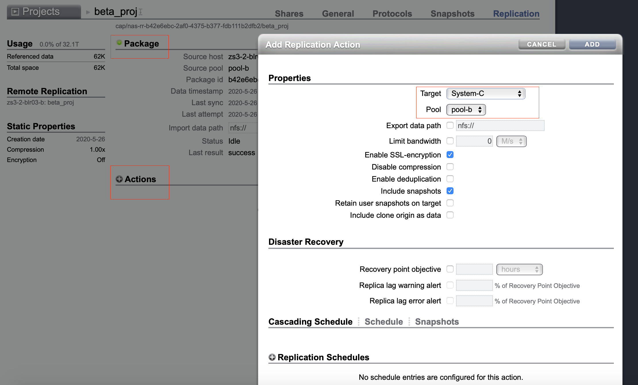 [BUI image showing action creation in replica project package screen]