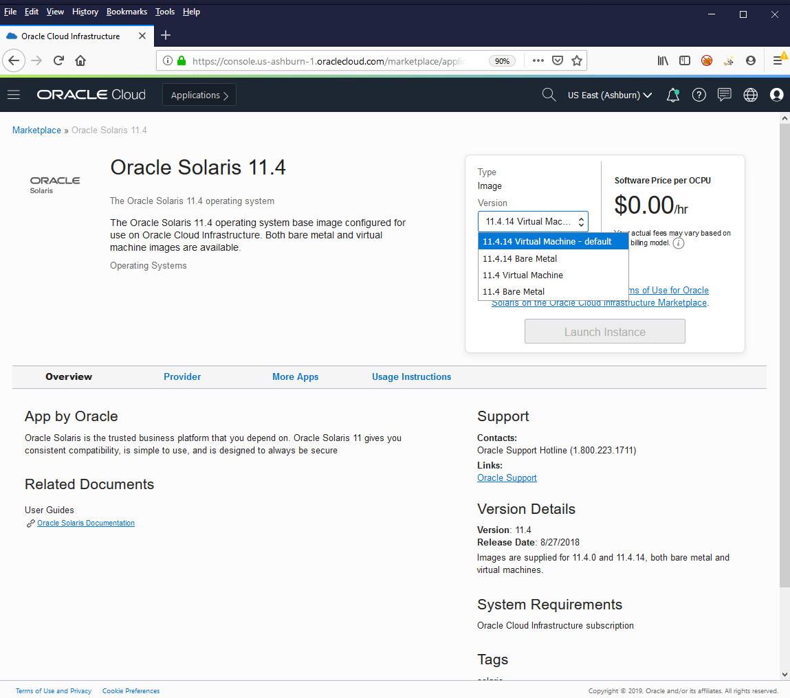Oracle Cloud Marketplace listing for Oracle Solaris 11.4
