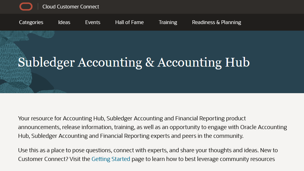 A screen shot of the Subledger Accounting & Accounting Hub home page on Cloud Connect
