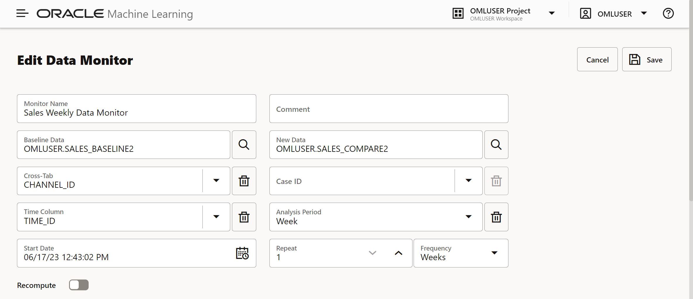 OML Data Monitor Edit settings