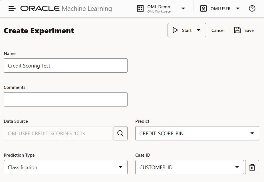 OML AutoML Experiment creation