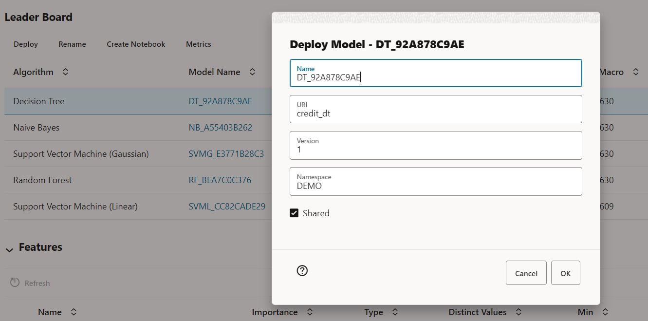 OML AutoML Experiment deploy model to OML Services