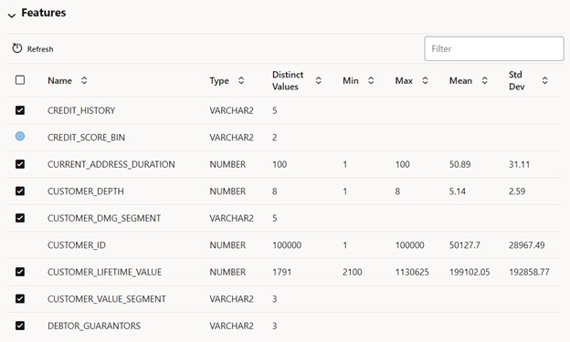 OML AutoML Experiment features listing with stats