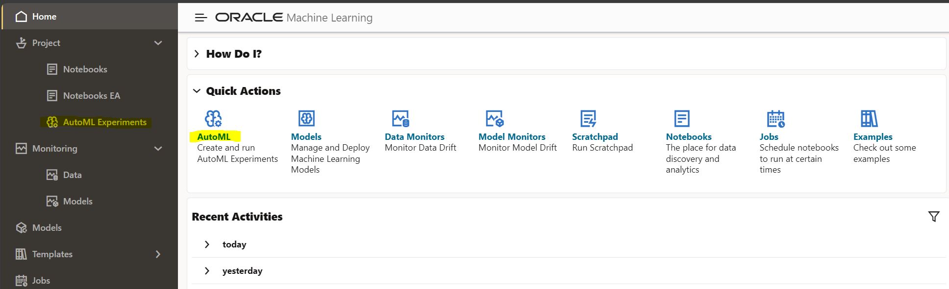 Accessing OML AutoML UI from home page