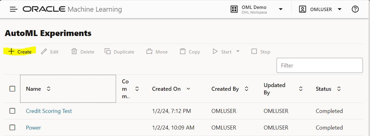 OML AutoML Experiment listing