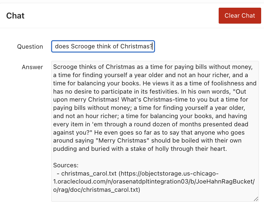 APEX UI showing SELECT AI RAG’s answer to A Christmas Carol question.