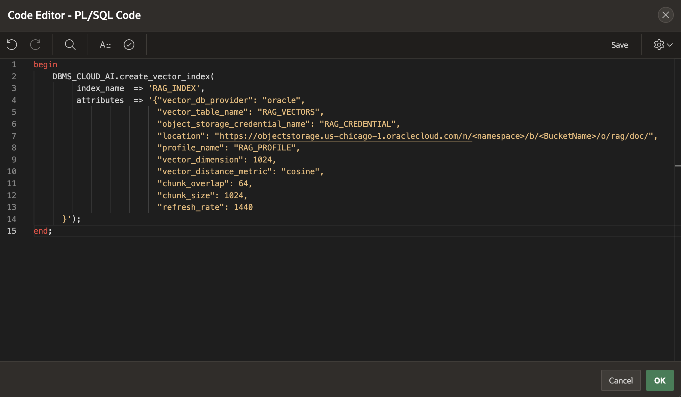 APEX Code Editor uses DBMS_CLOUD_AI.create_vector_index( to initiate the database job that will chunk and encode all documents stored in the Object Store knowledge base.