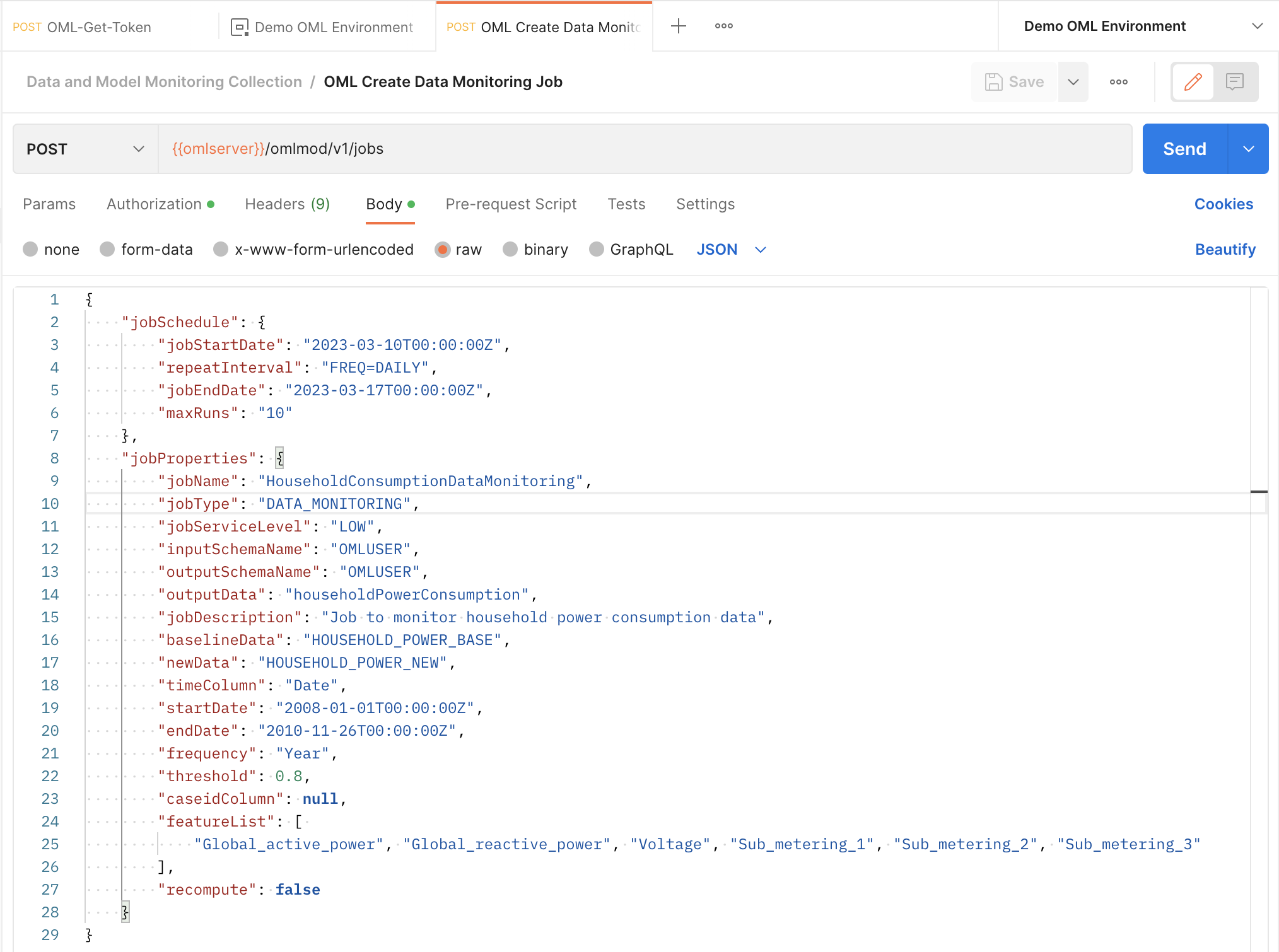 Postman create data monitoring job.