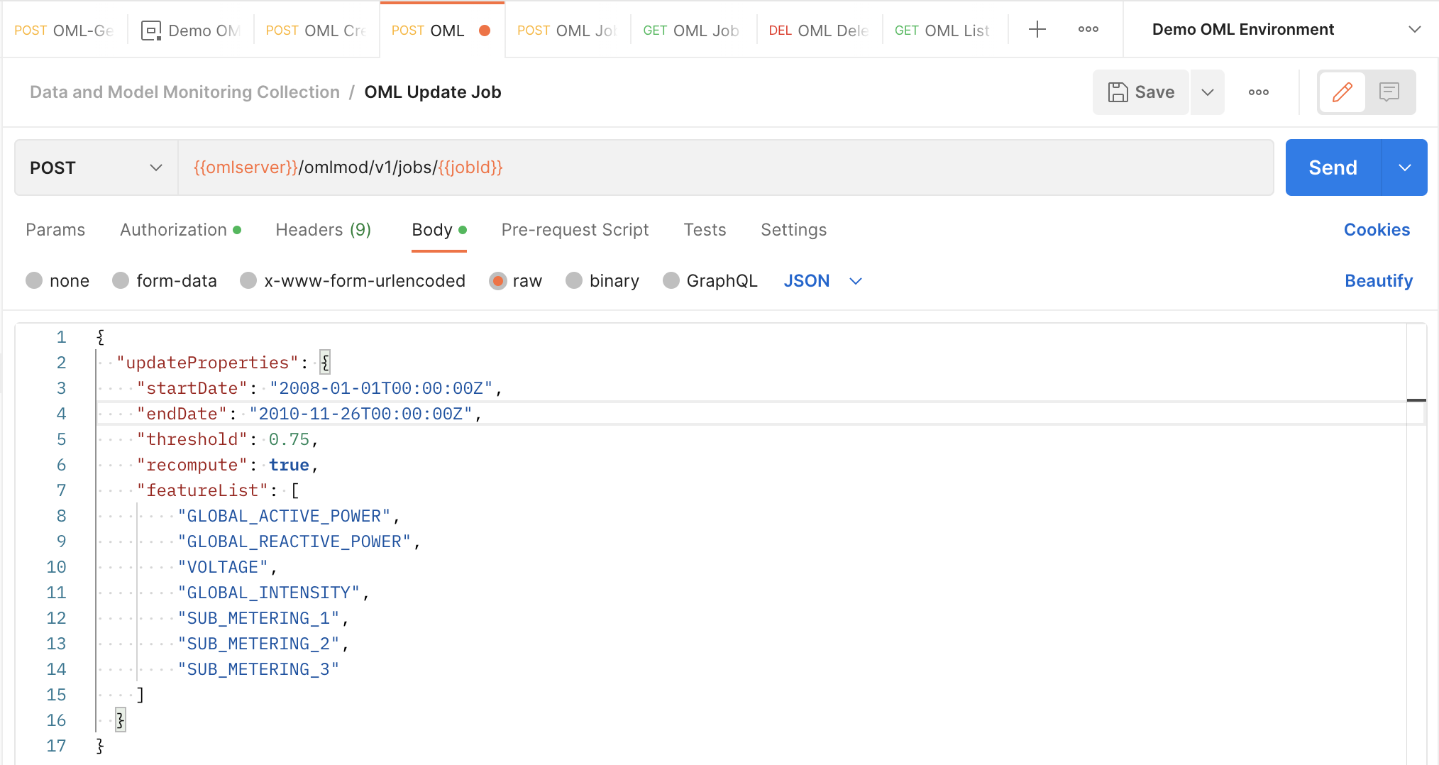 Postman update data monitoring job request