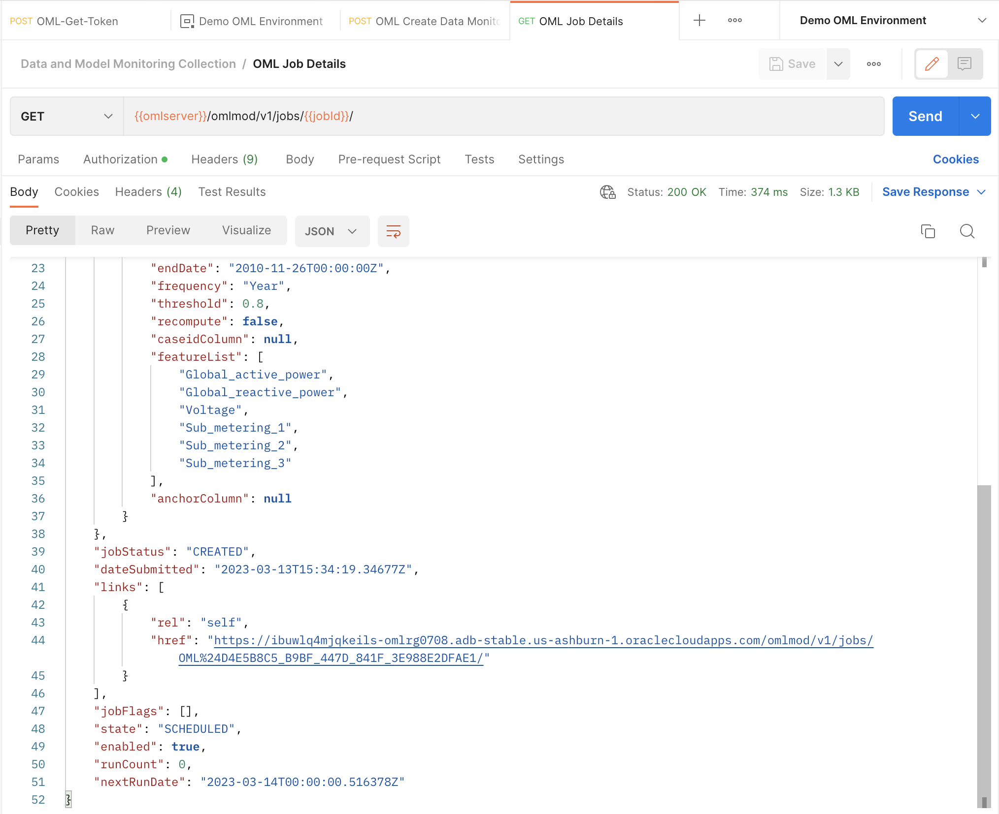 Postman show data monitoring job details