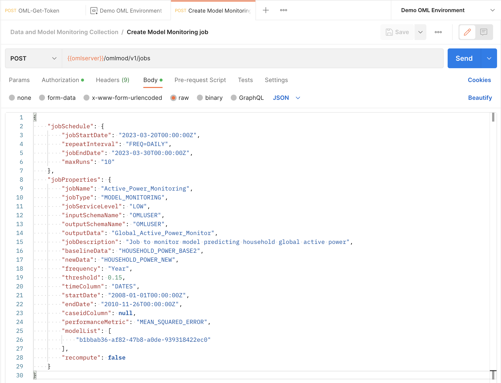 Postman create model monitoring request