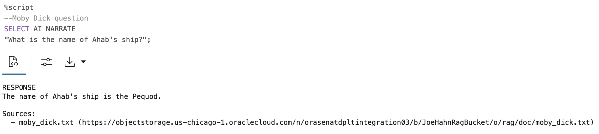 . Example of a Select AI RAG query executing in an OML notebook 