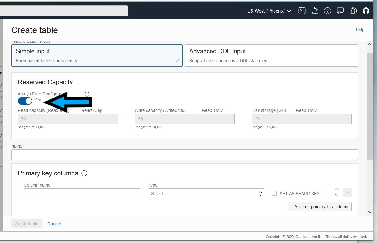Create NoSQL table