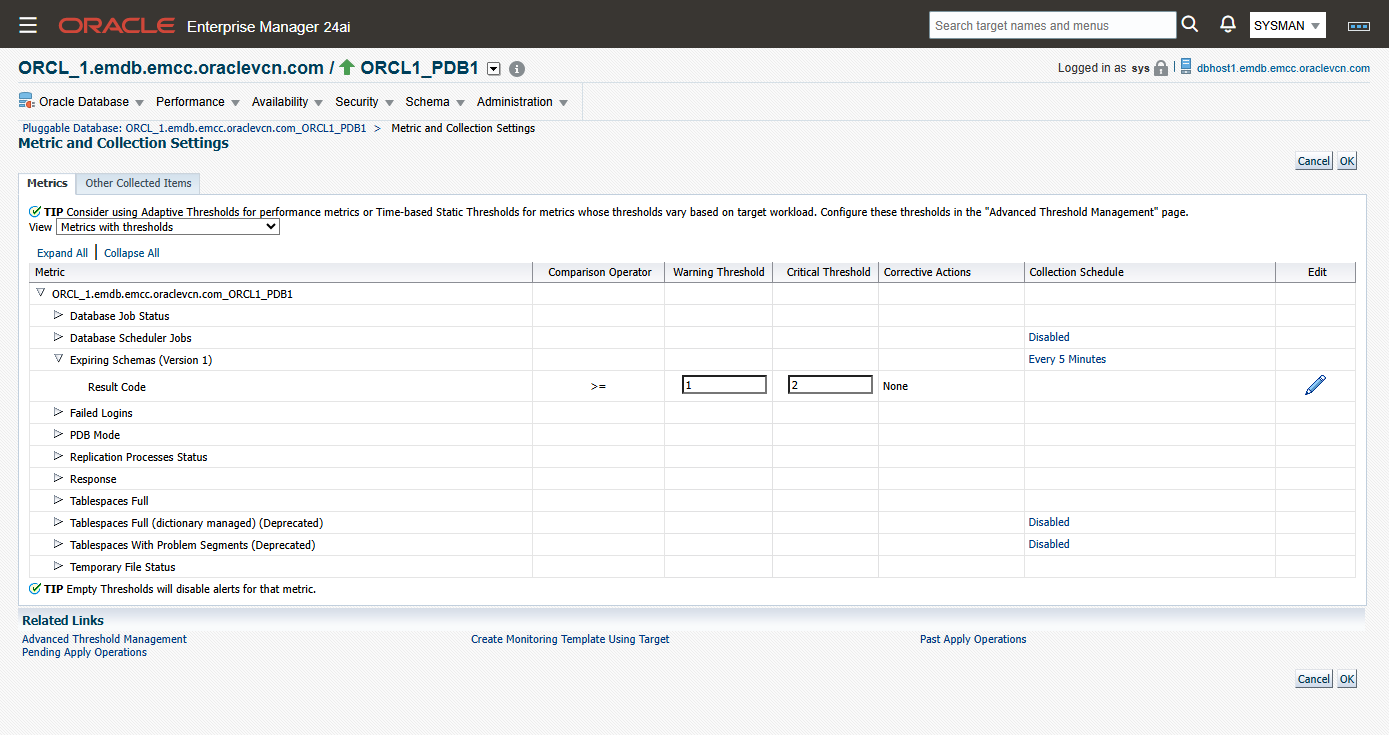 Metric and Collection Settings screen