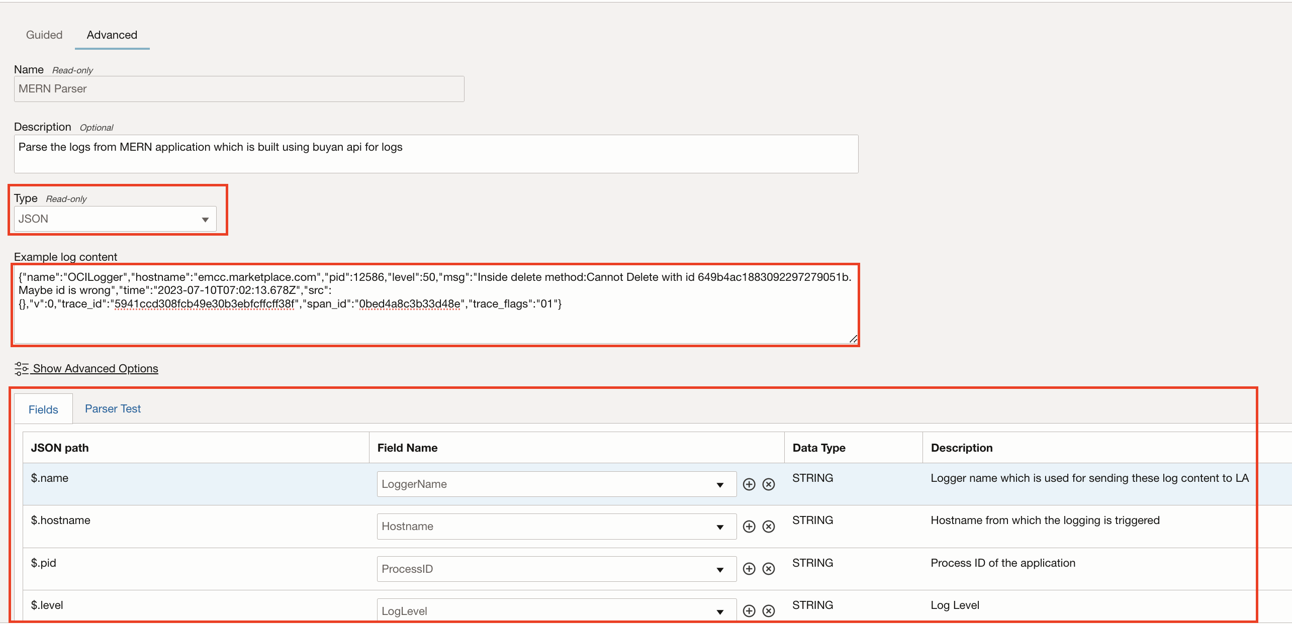 Example log record