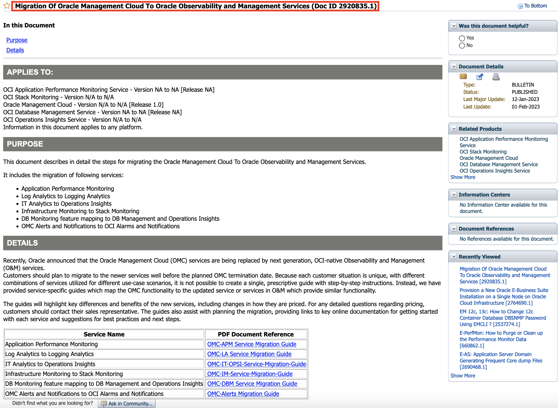 OMC to O&M Migration MOS Note (2920835.1)