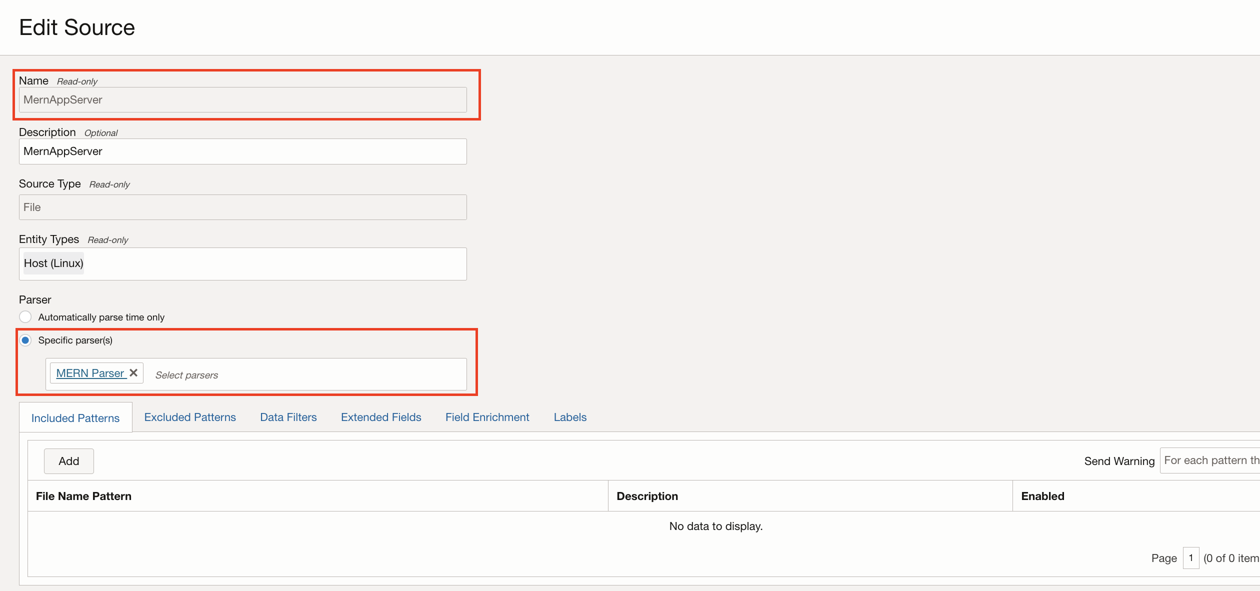 Edit log source screen