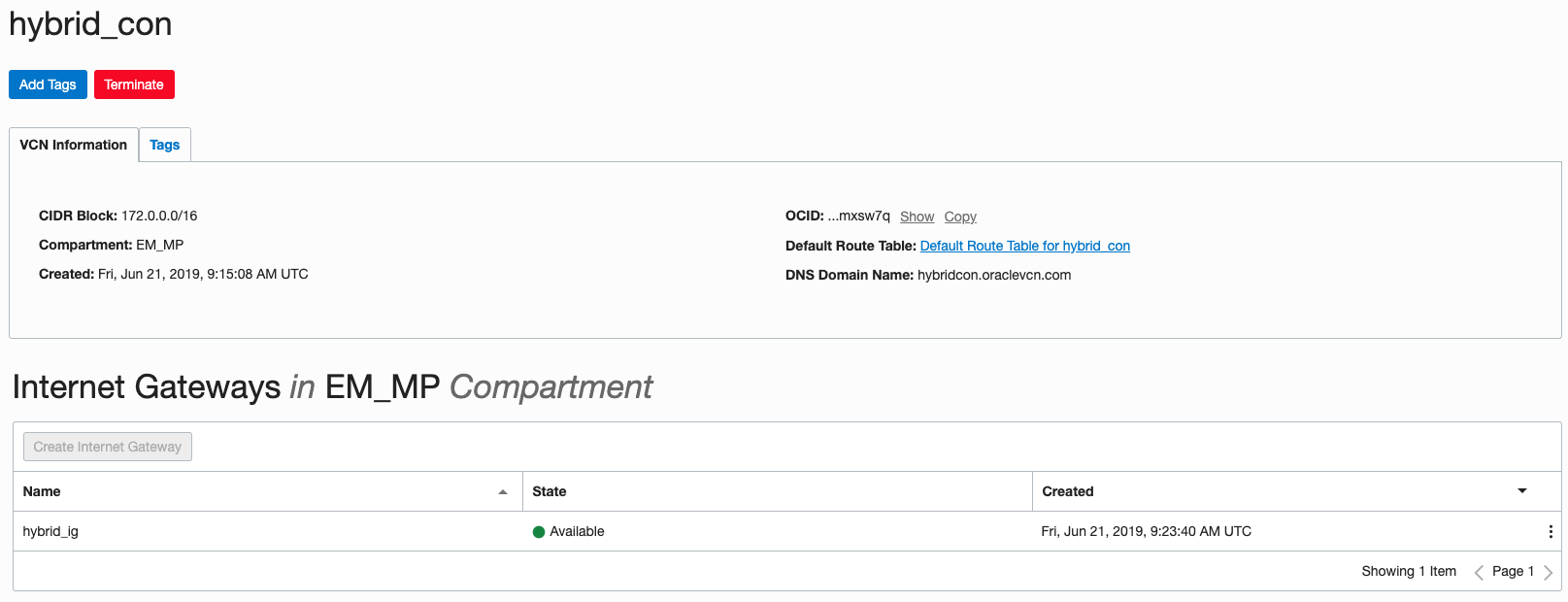 Figure 10.  Adding an Internet Gateway called "hybrid_ig" to the EM-MP Compartment.