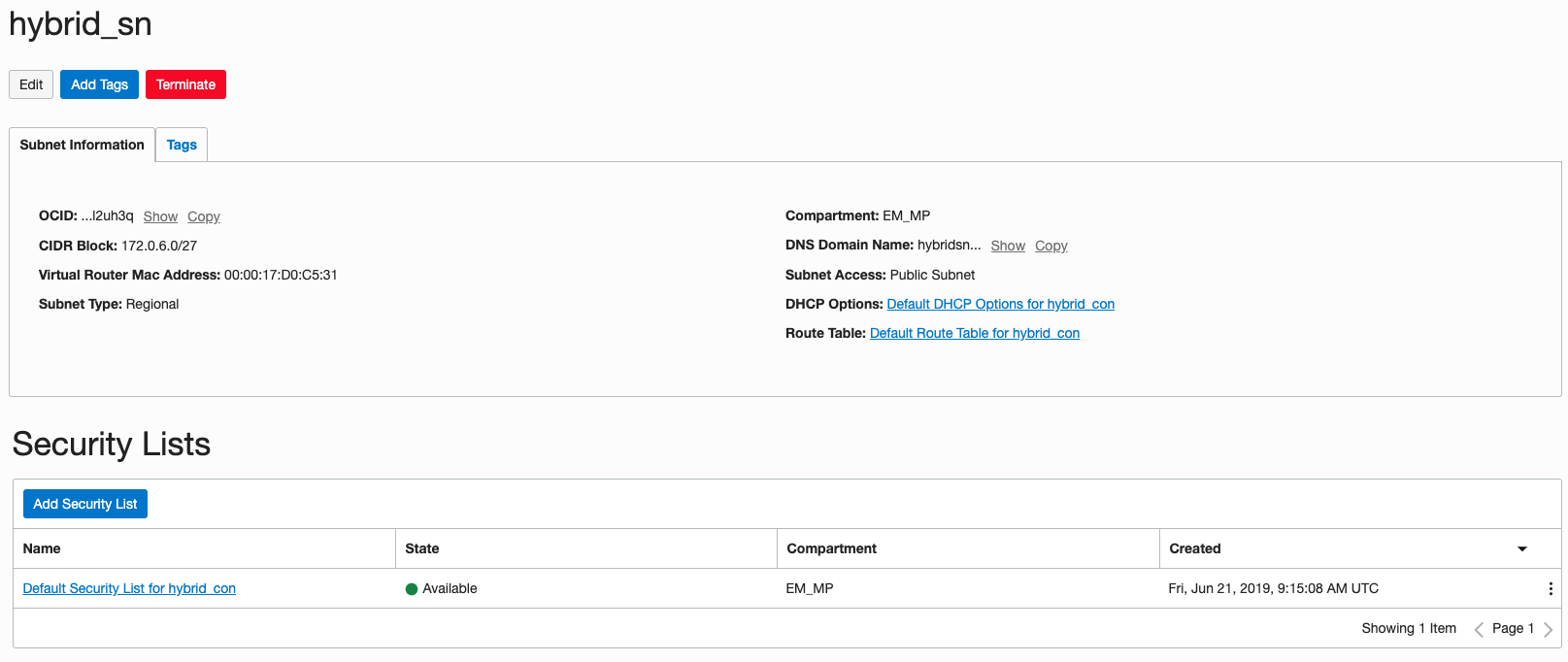 Figure 9.  Creating a Subnet in the EM-MP Compartment.