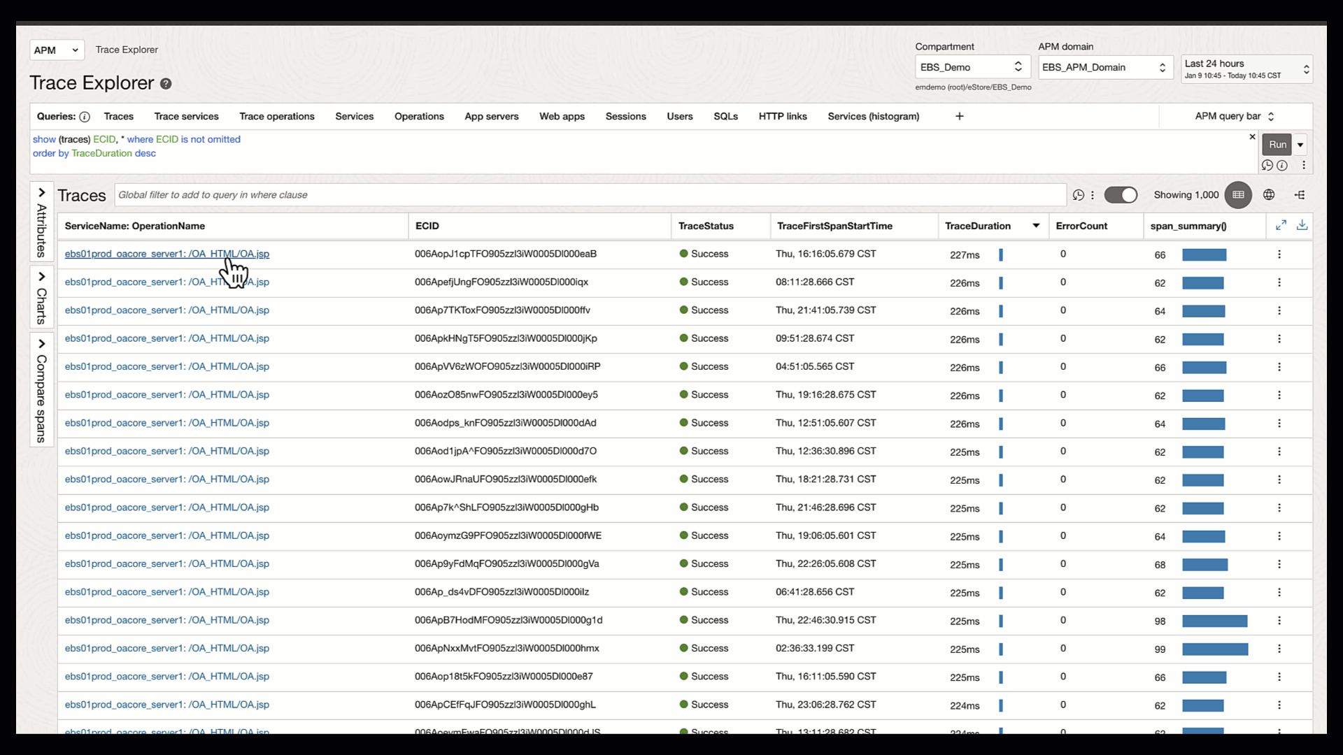 APM Drilldown example to Logging Analytics via ECID