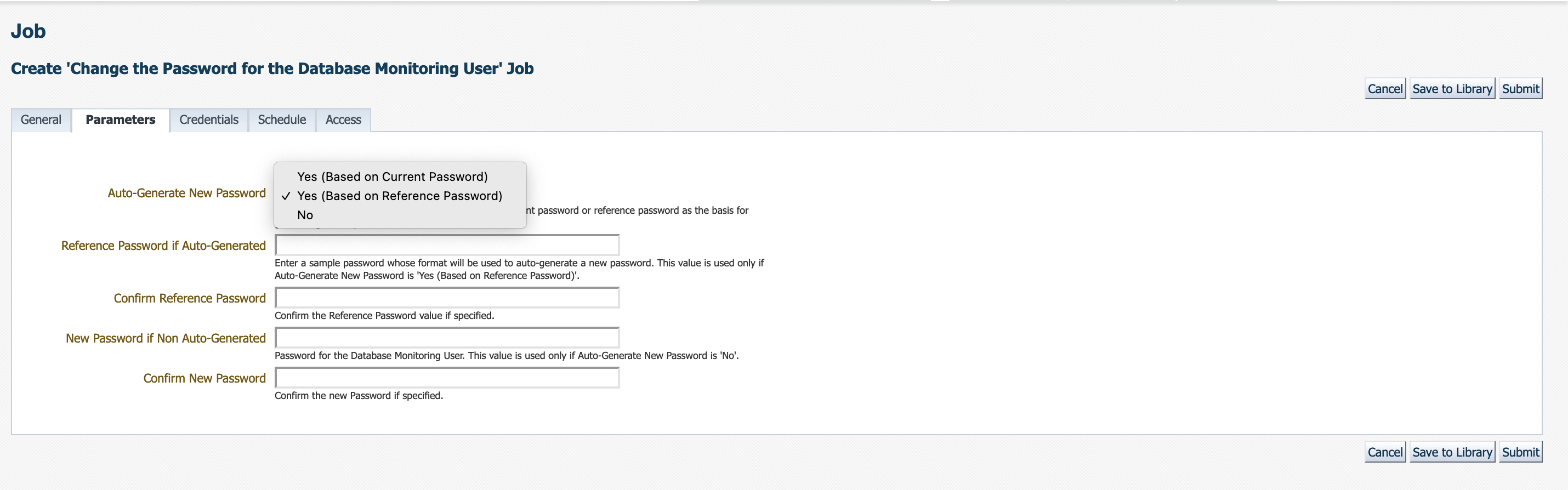 Figure 3: Parameters tab for the job with all Auto-Generate new password options