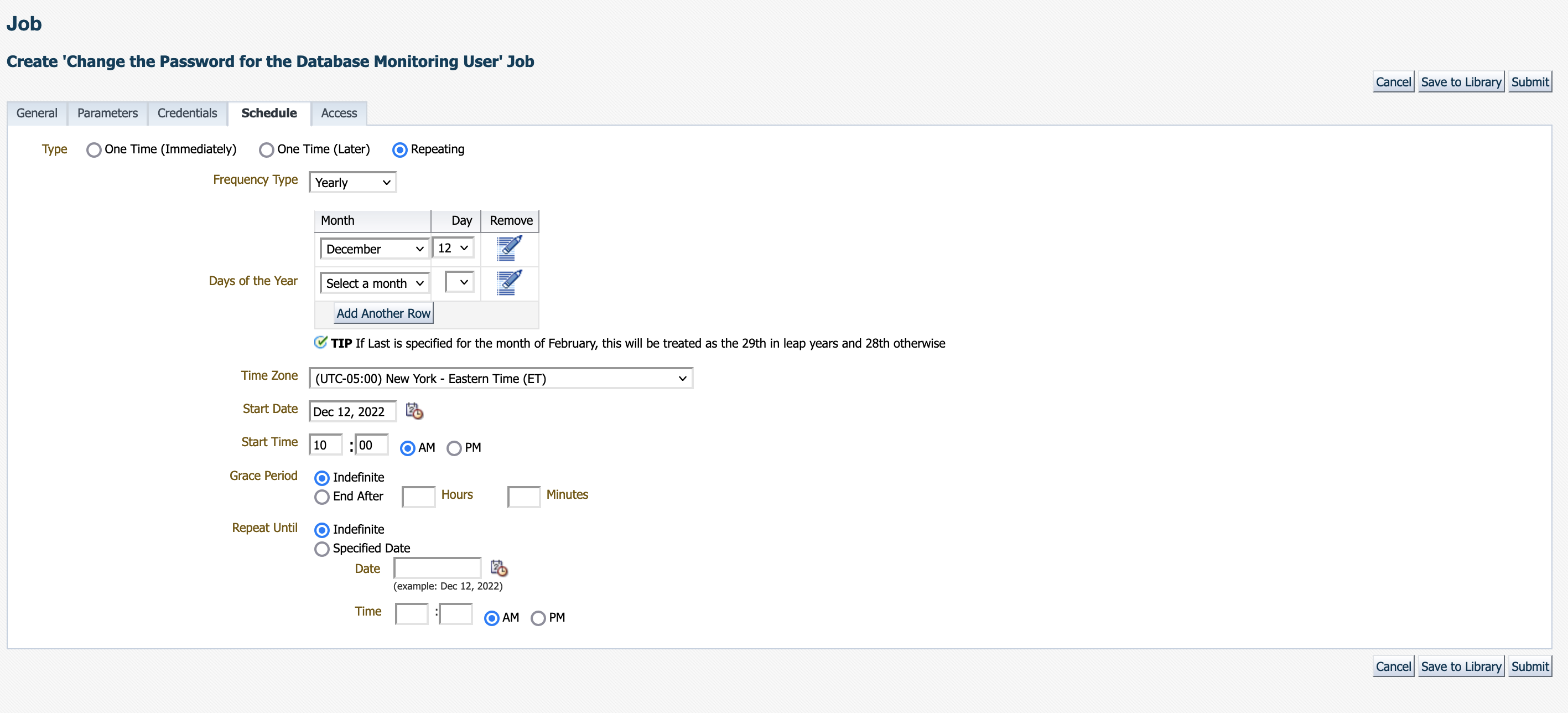 Figure 5: Schedule tab after selecting the new job type