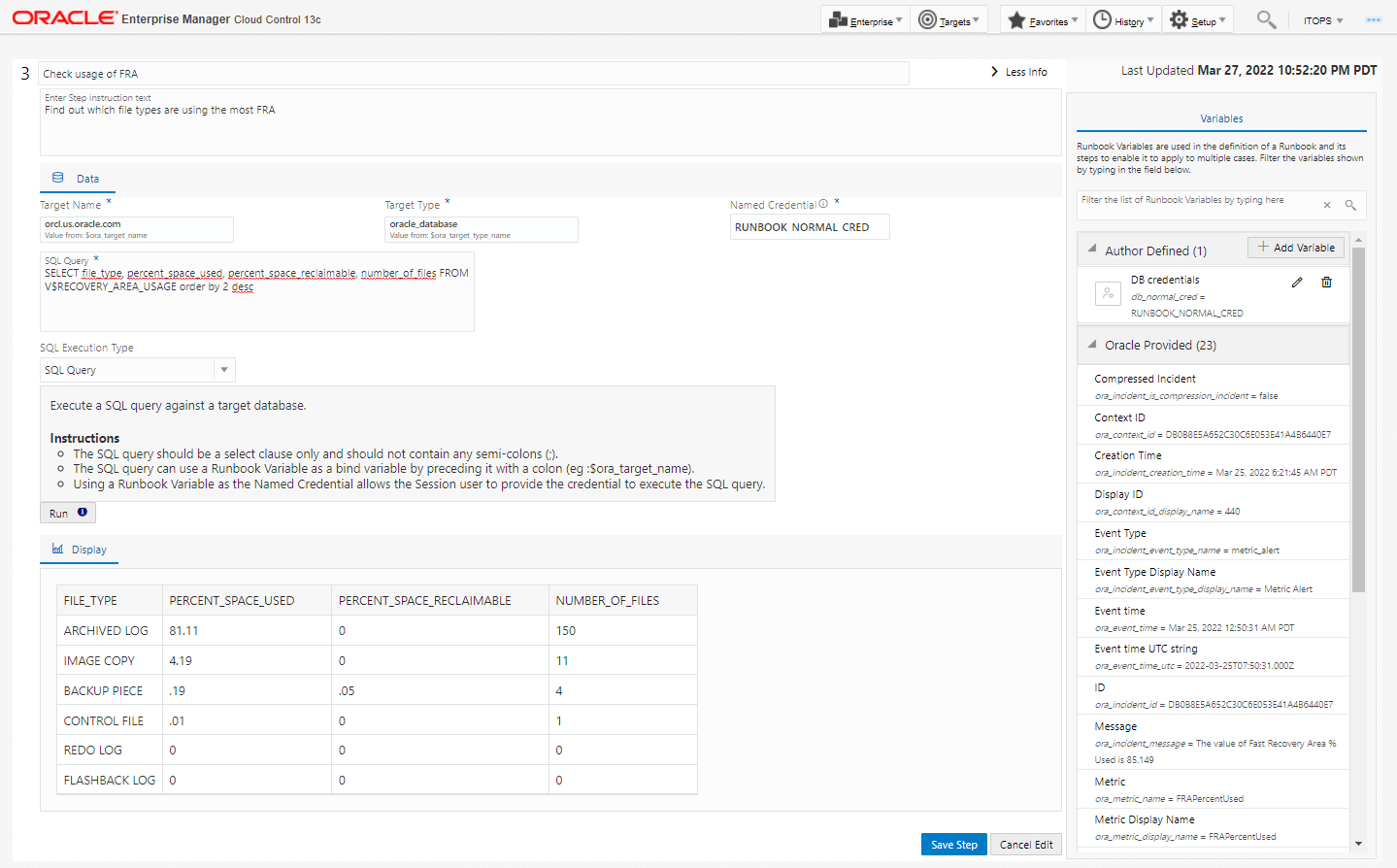 Create Runbook - SQL Step