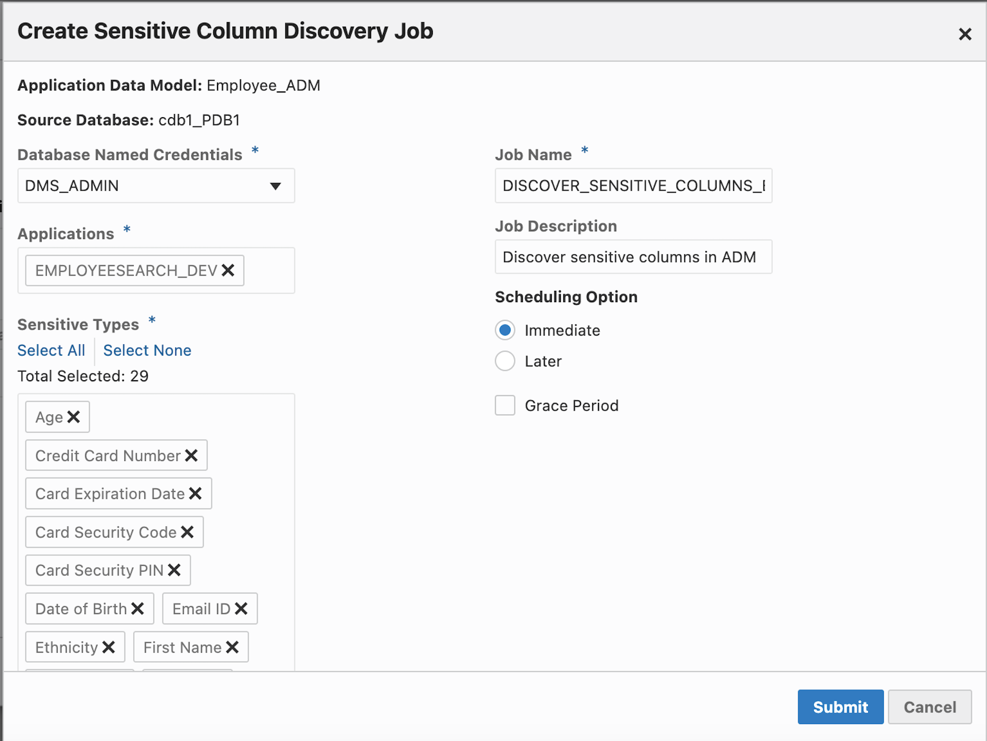 Figure 4: User interface for creating a sensitive column discovery job
