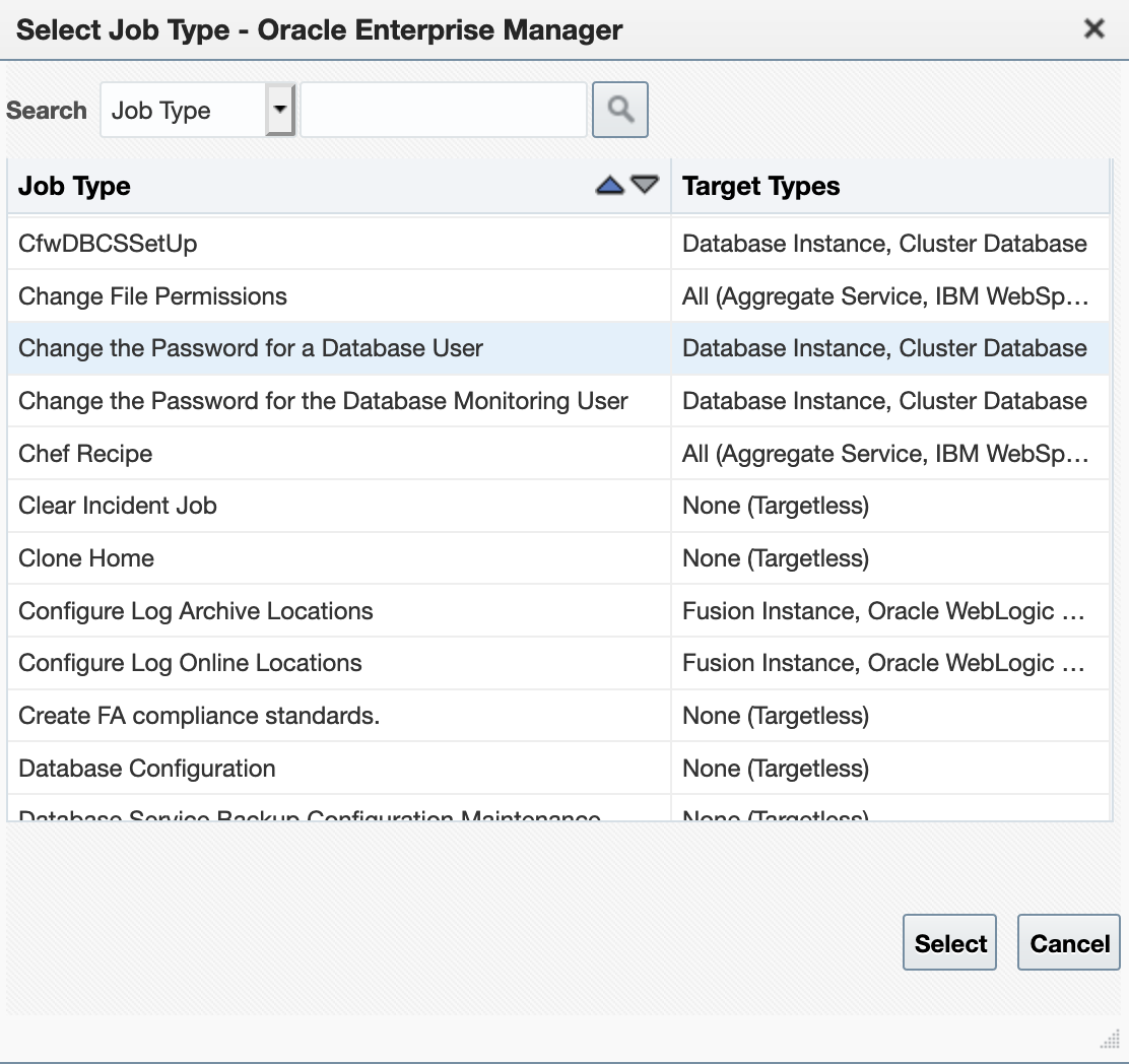 Graphic shows the Job type selection dialog fo non-dbsnmp users.r