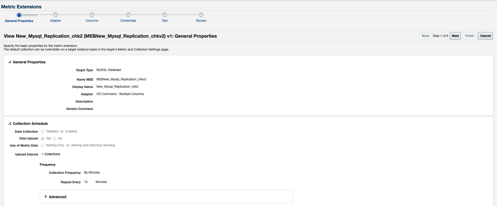Figure 2: MySQL target type, OS command adapter and collection schedule defined for metric extension