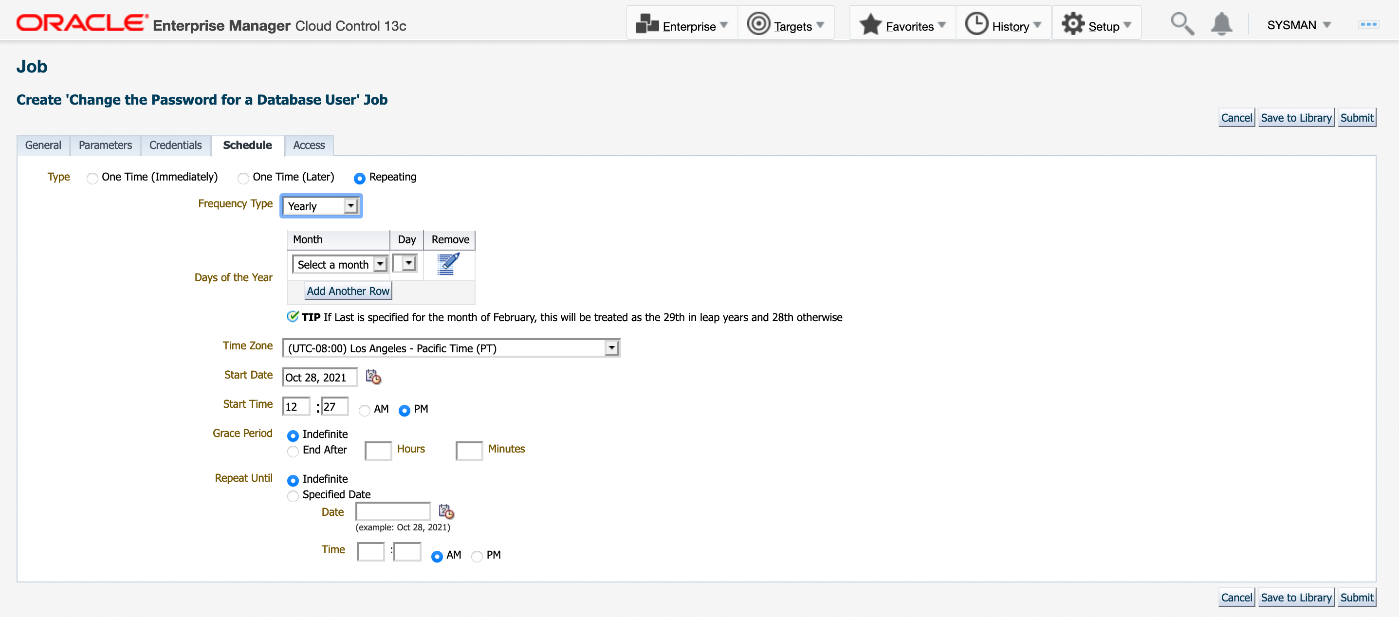 Figure 4: Schedule tab after selecting the new job type