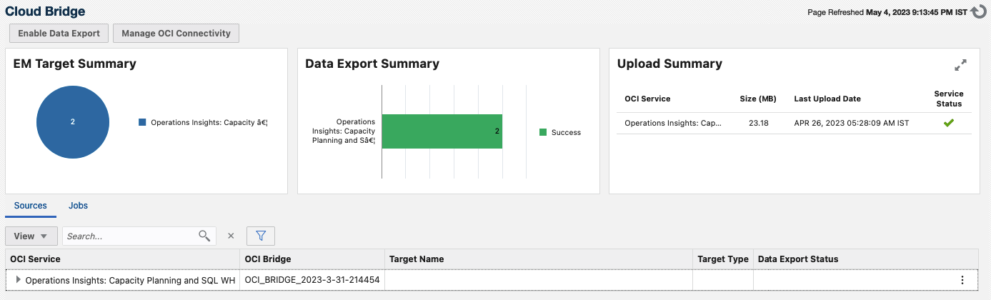 Figure 5: Data Export status in Enterprise Manager Cloud Bridge