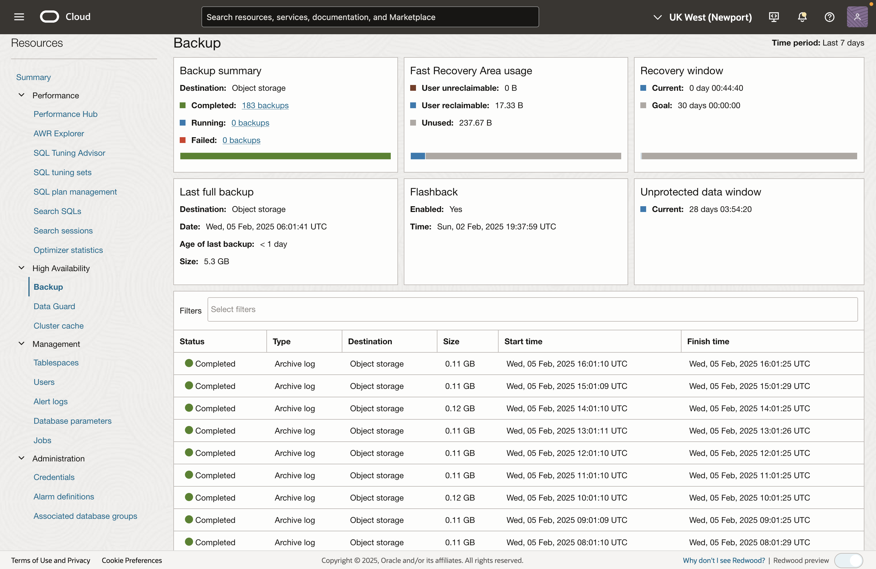 Figure 4:  Single database backup details