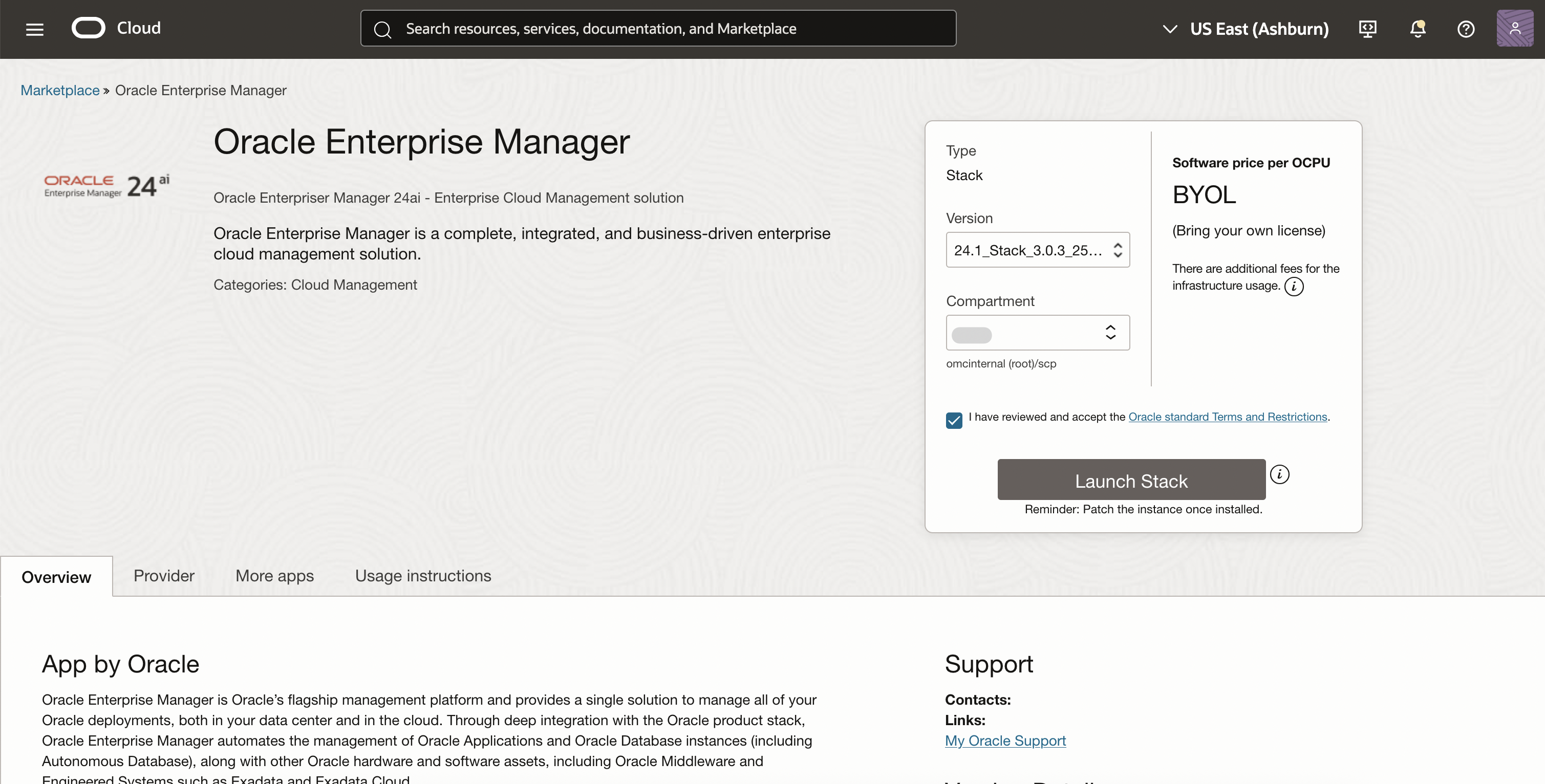 Enterprise Manager OCI Marketplace application