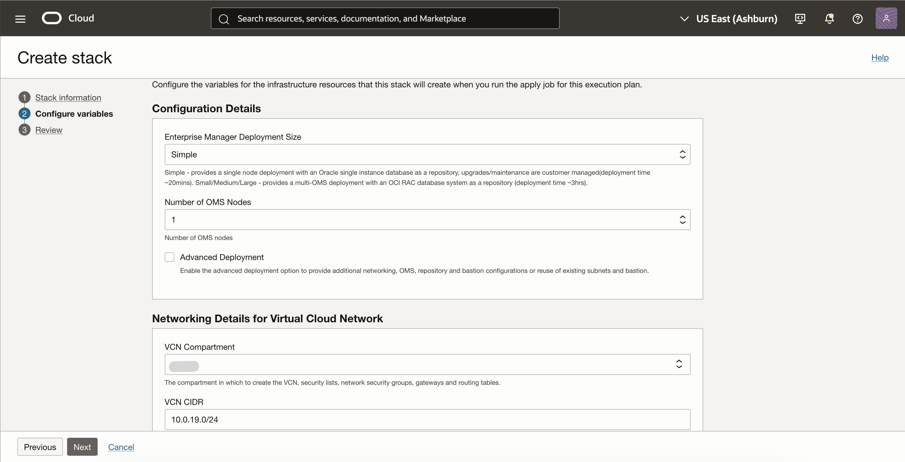 Enterprise Manager Stack Inputs for Single Node deployment