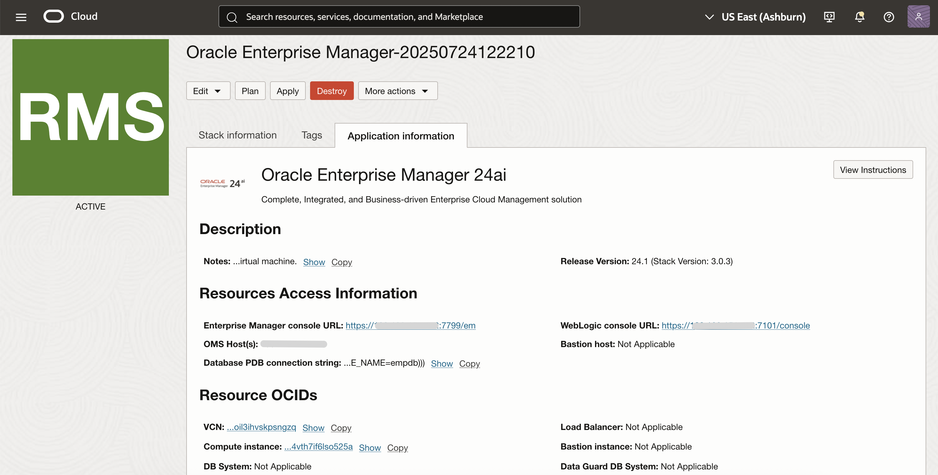 Enterprise Manager Application Information