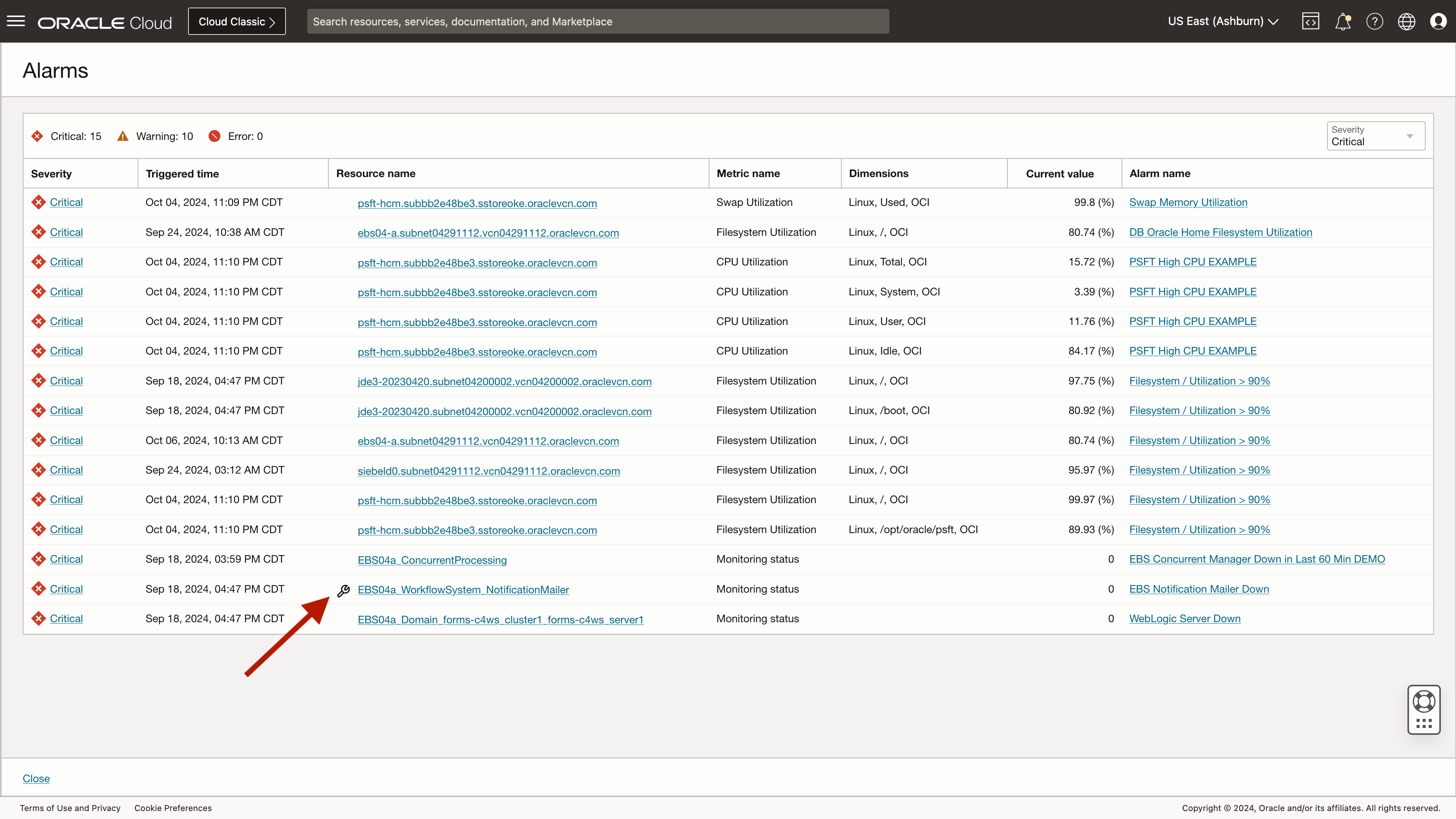 Image 5: Stack Monitoring Alarm UI highlighting an alarm that is included in a Maintenance Window