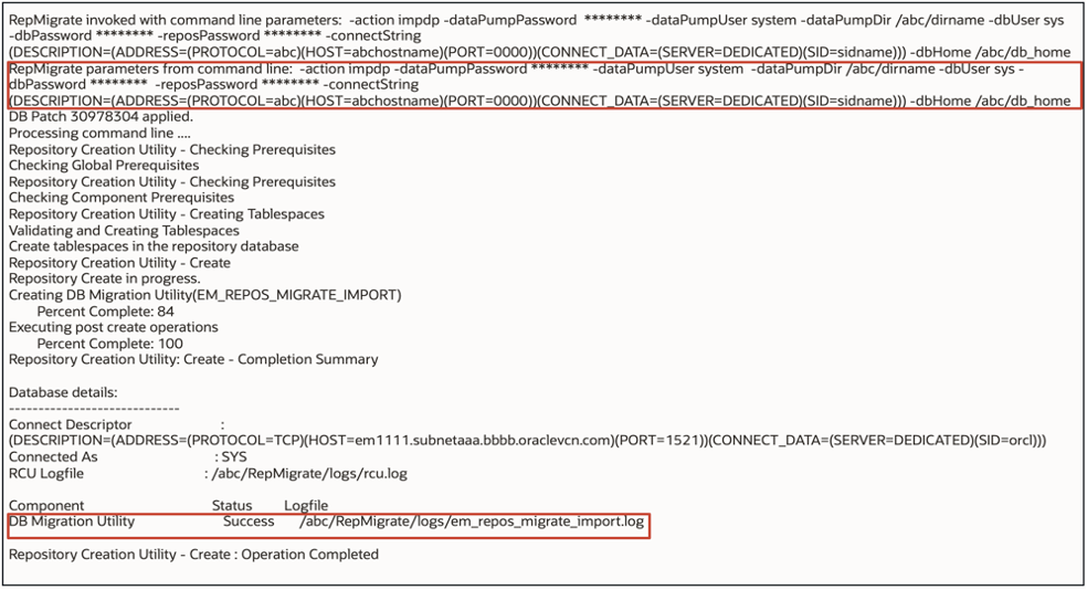 Output of repository database import operation