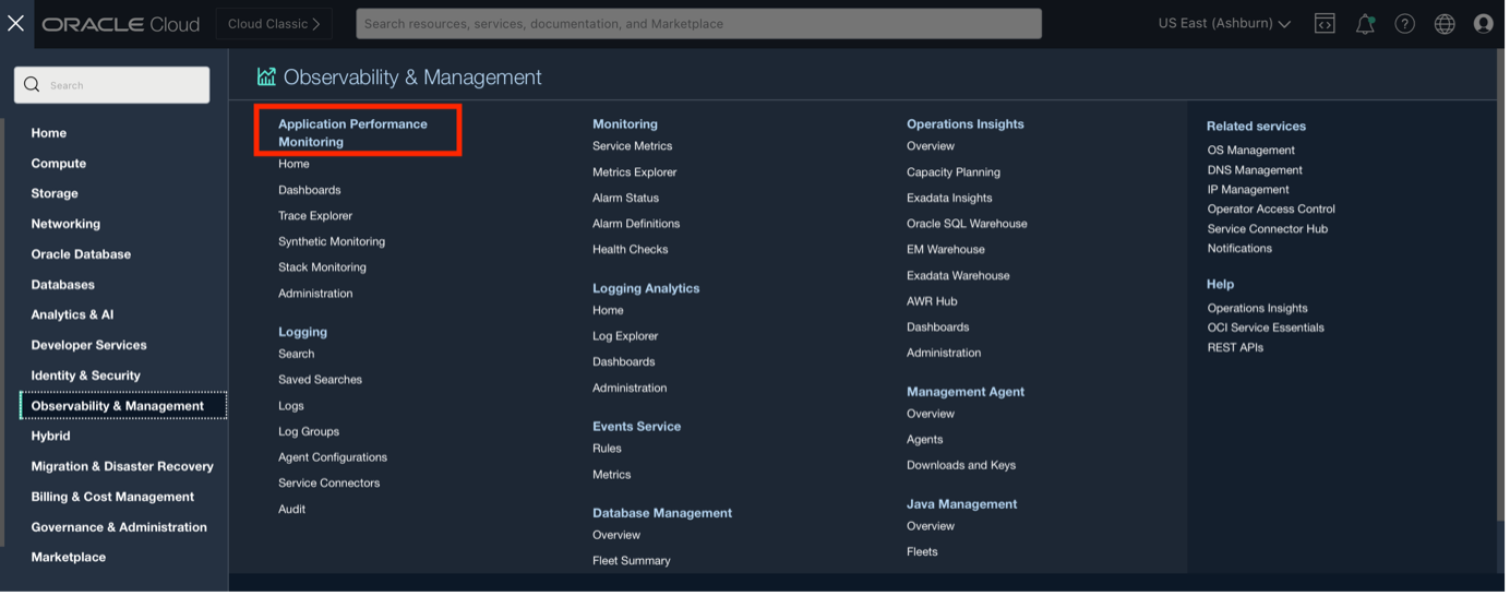Figure 2:  APM found under Observability & Management