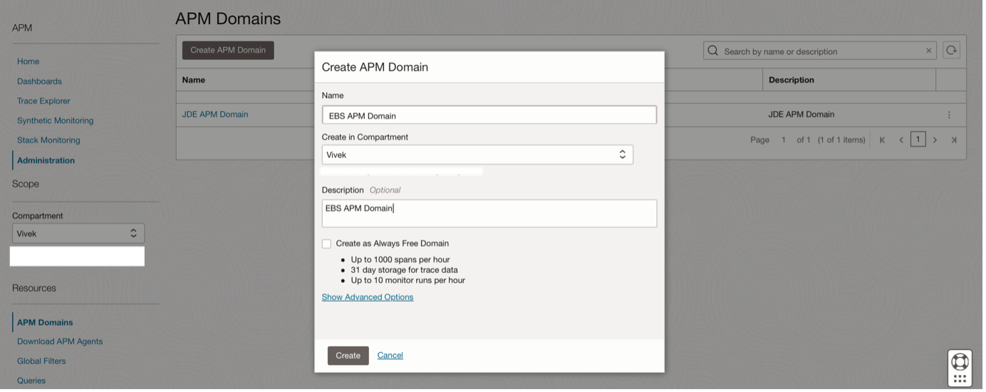 Figure 3:  Define a domain name and select a compartment